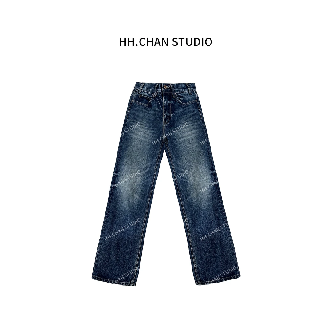 HH.CHAN“水波纹”100%高定棉水洗牛仔水波纹中蓝色直筒牛仔裤