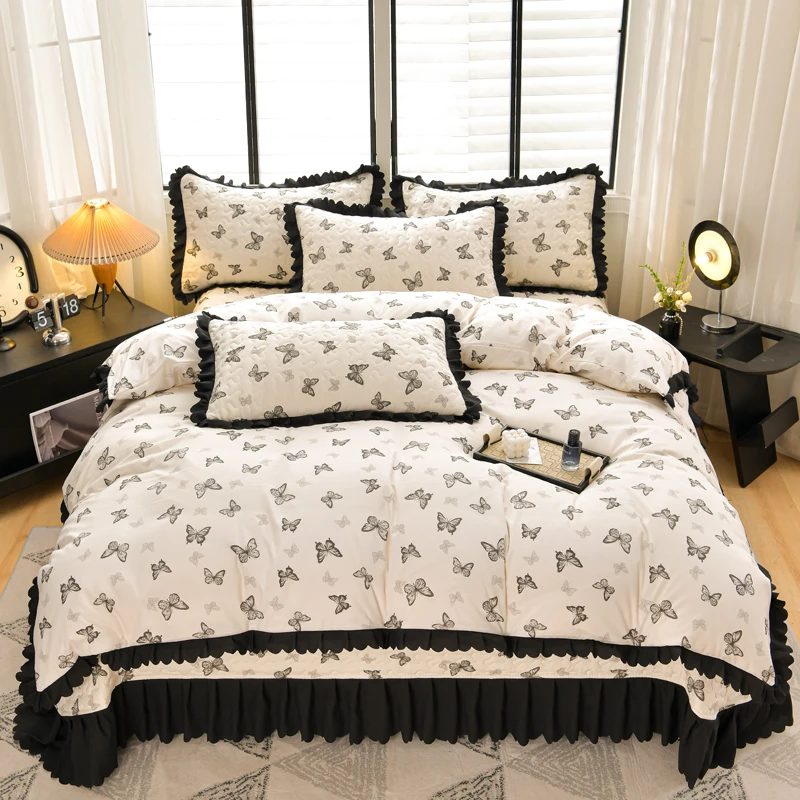 2025直播爆款赫本风床盖四件套软糯水洗棉印花花边床盖床裙三件套