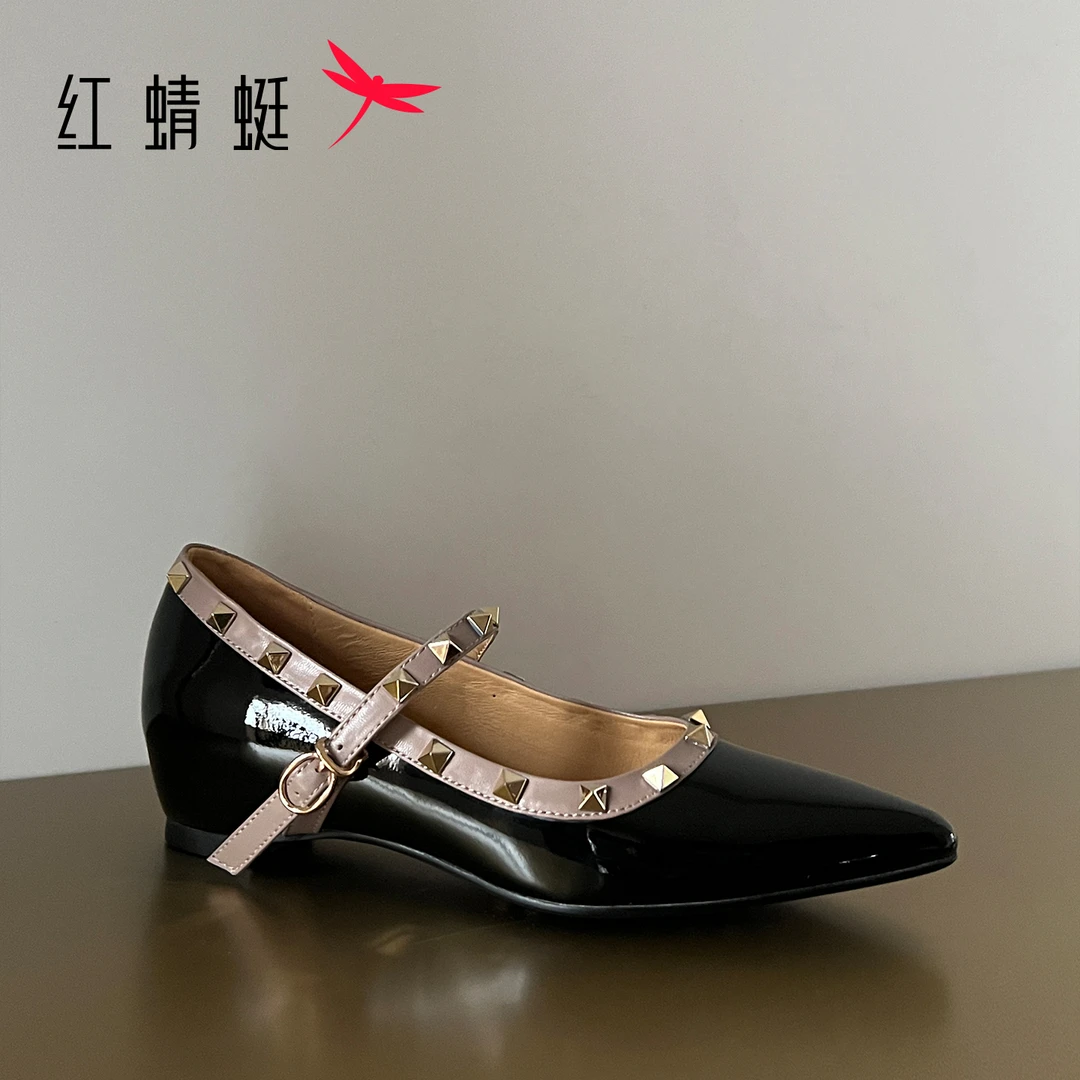 红蜻蜓尖头搭扣法式高跟铆钉增高时尚玛丽珍浅口单鞋A69