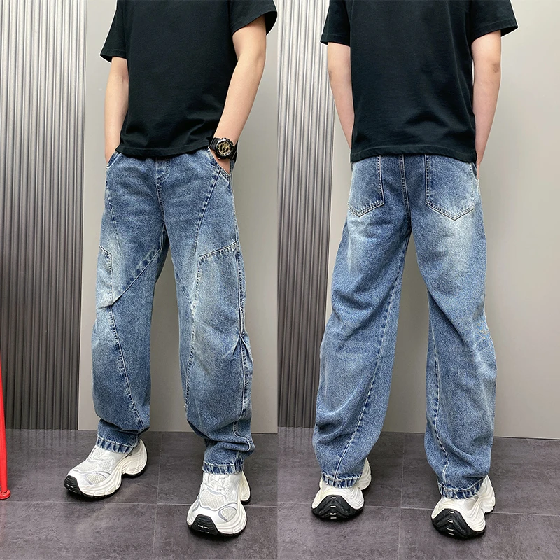 2025秋冬新款美式潮弯刀牛仔裤男士时尚拼接休闲宽松直筒阔腿长裤