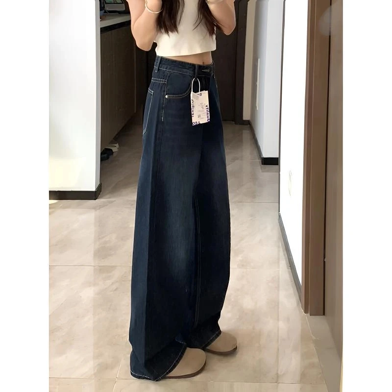 早秋深蓝色高腰直筒牛仔裤女2025新款宽松阔腿休闲百搭显瘦拖地裤