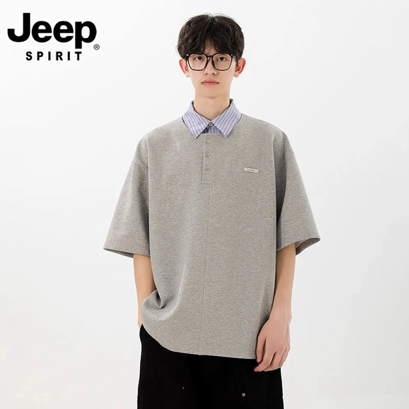 吉普条纹假两件POLO衫t恤男短袖夏季潮牌痞帅美式复古t恤休闲百搭