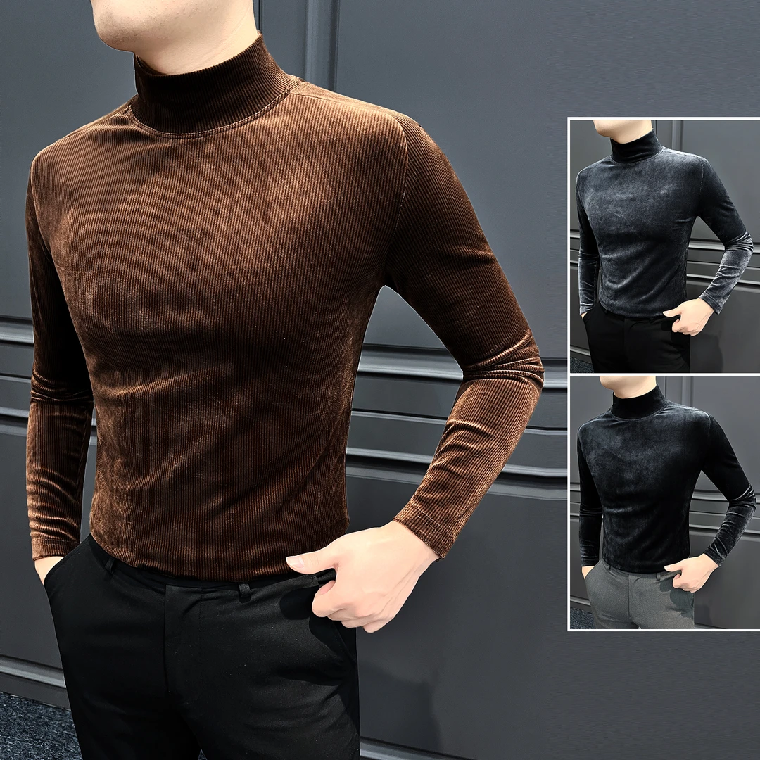 金丝绒长袖T恤男款爆款2025新款轻奢痞帅男装中领纯色男士打底衫