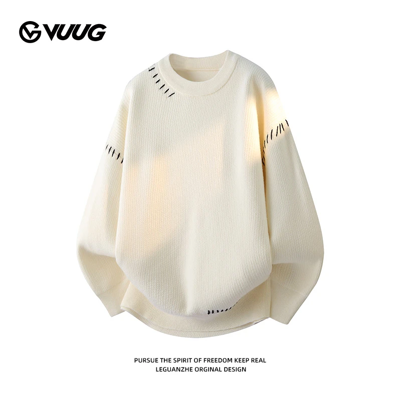VUUG新款小众设计感圆领毛衣帅气百搭潮流休闲针织衫男上衣情侣衫