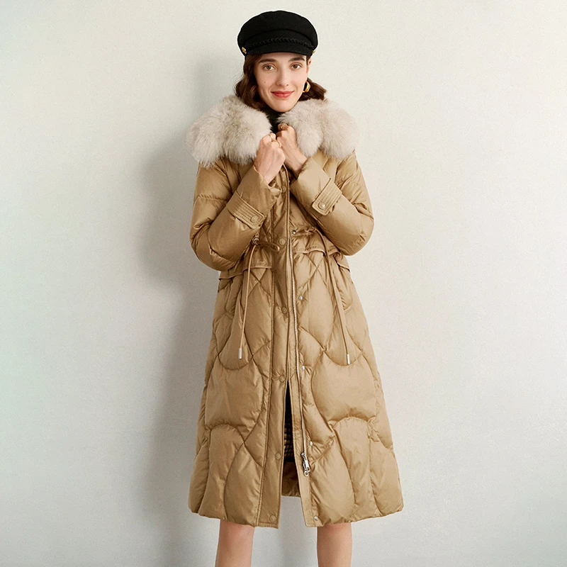 【诗语专属】法曼萱卡其色白鸭绒羽绒服女2025冬狐狸毛领外套