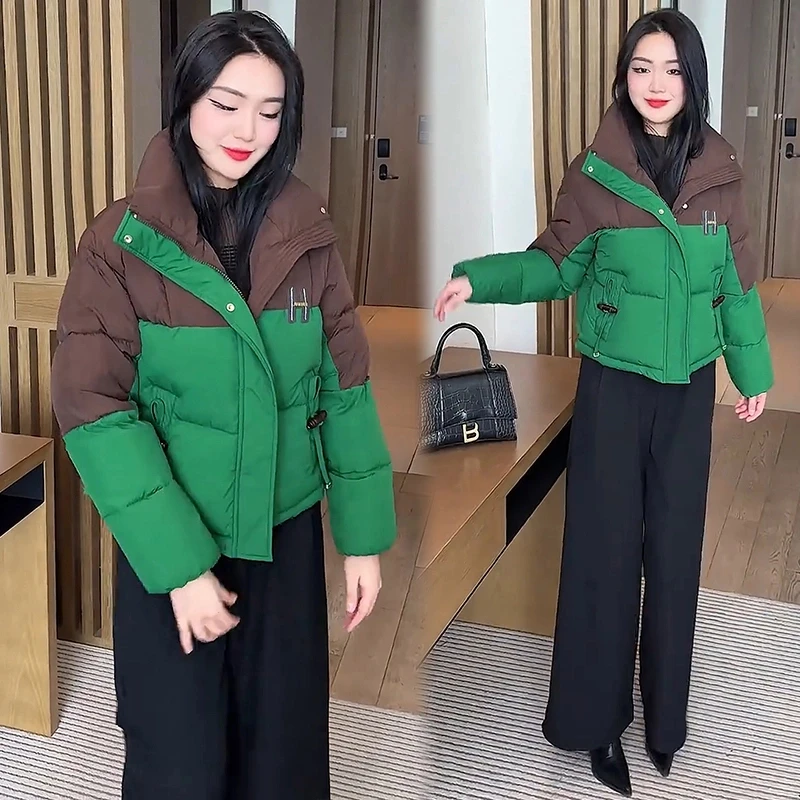 时尚短款棉衣棉服女士2024冬季新款时髦小个子加厚保暖拼色棉衣潮