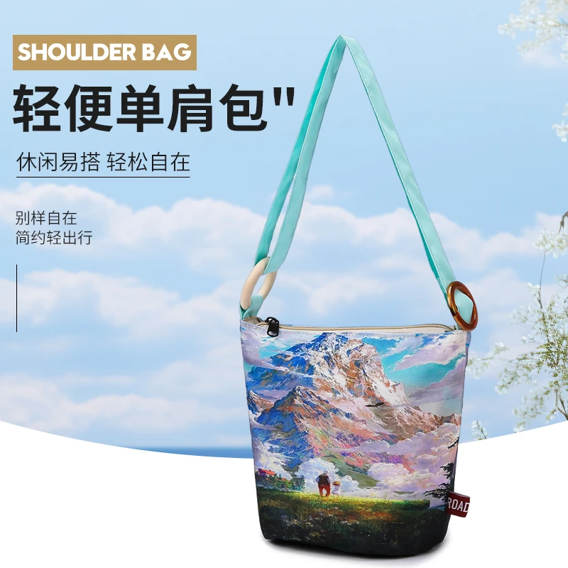新款单肩斜挎便携款耐磨手拎包拉链特色风景单肩包