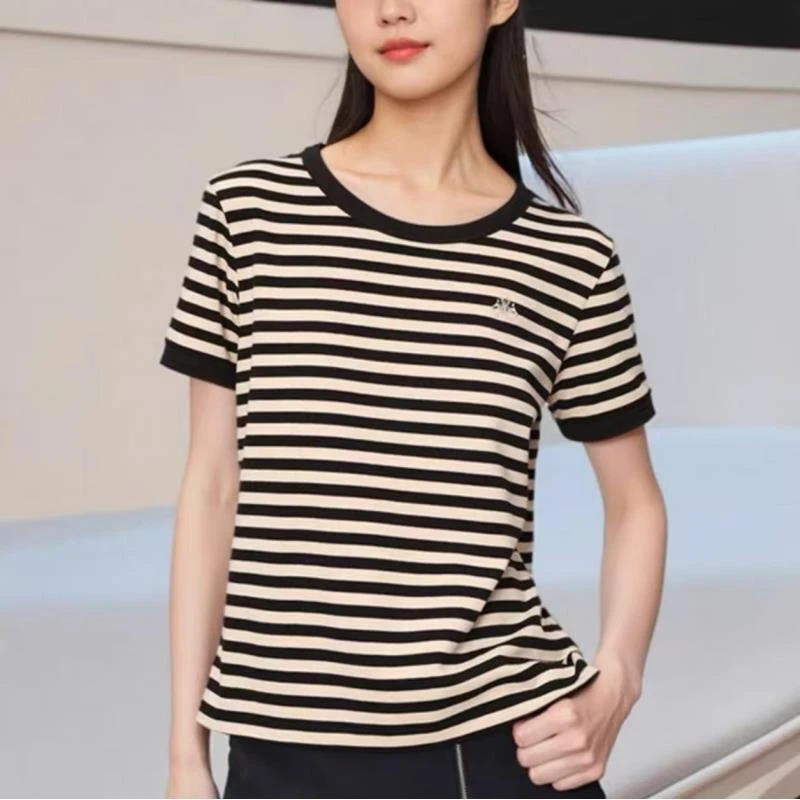 W-1452【雅】夏季新款 长绒棉简约圆领条纹刺绣短袖T恤女
