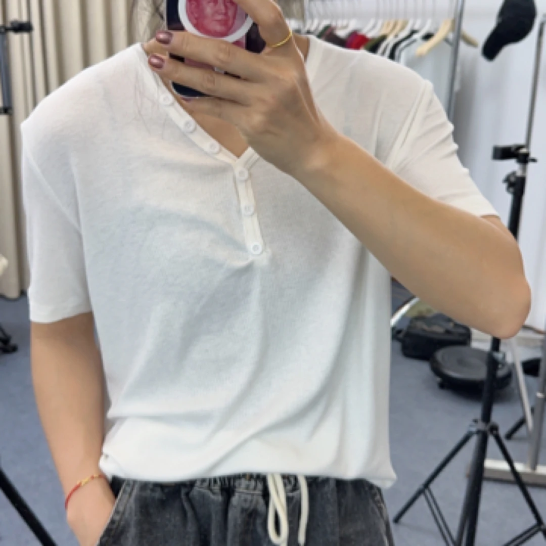 螺纹棉小v领短袖上衣百搭舒服好穿大弹力机洗不变形