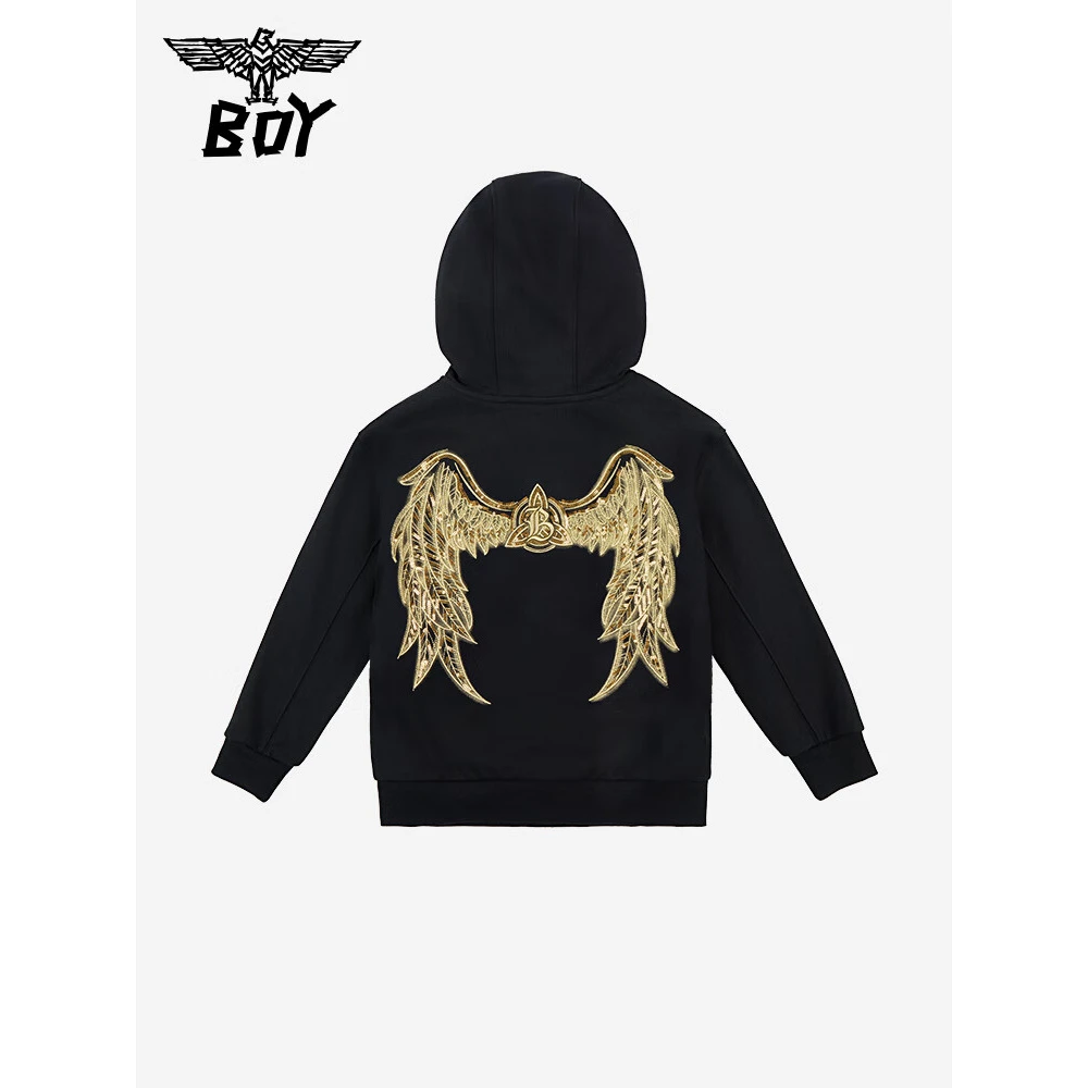 BOY JUNIOR潮牌童装2025秋季连帽针织卫衣背后烫金翅膀宽松休闲男