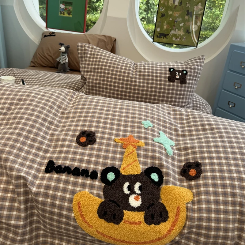 易安阁 卡通水洗棉巧克力小熊毛巾绣纯棉四件套1.5m1.8米三件套