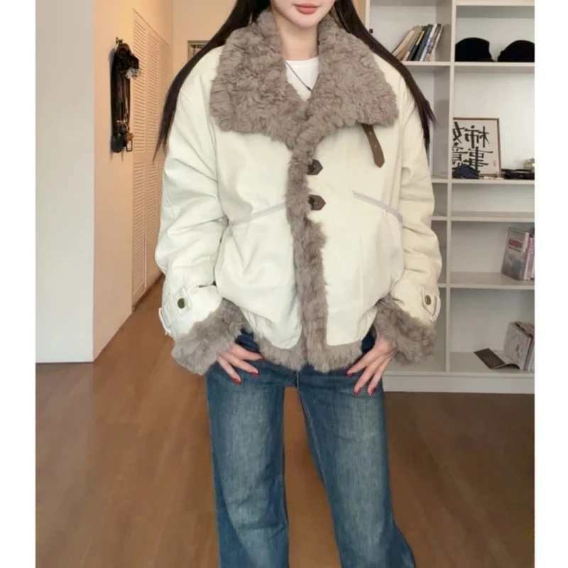 韩系设计感羊羔毛拼接棉服外套冬季大码胖MM复古加厚保暖棉衣棉袄