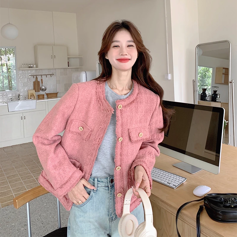 韩系超好看粉色小香风外套女春秋2025新款温柔名媛风流苏短款上衣