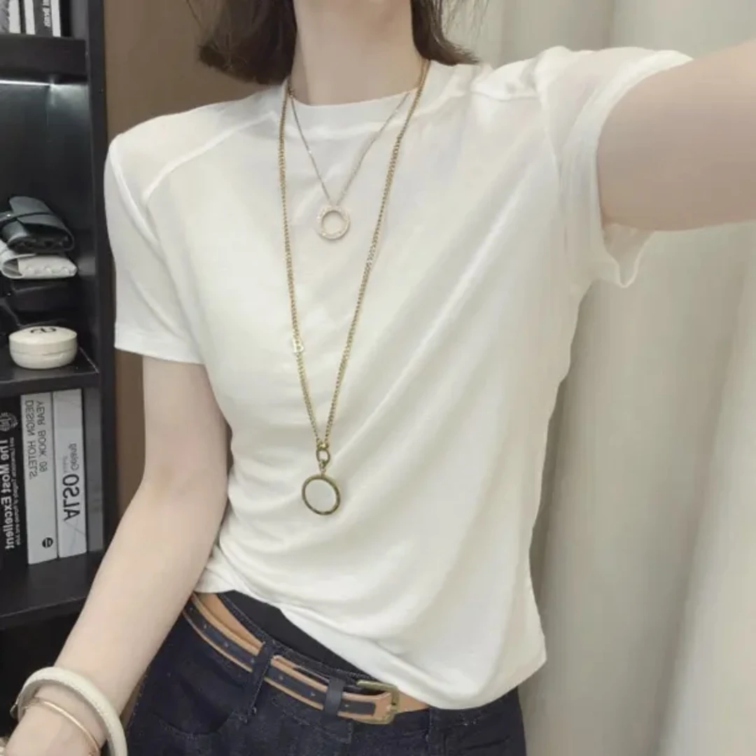 欧货柔软透气白色短袖T恤女夏新时尚洋气减龄修身纯色打底上衣潮