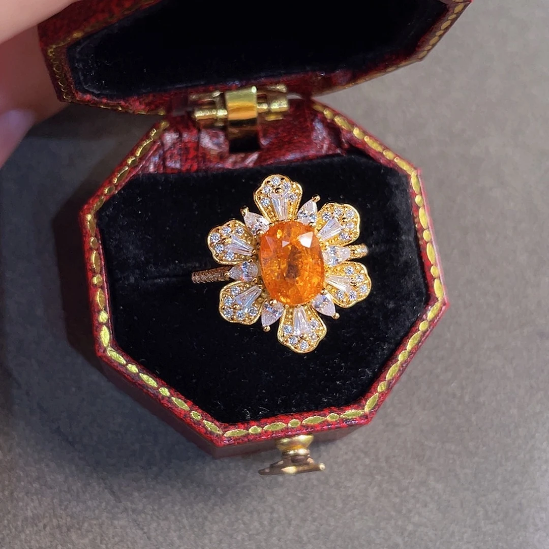 银S925镀金镶嵌戒指石榴石（芬达石）