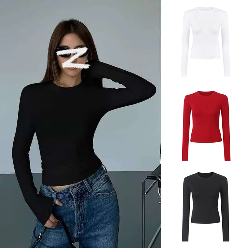 春秋新款正肩圆领显瘦长袖打底衫女修身百搭T恤洋气百搭上衣女