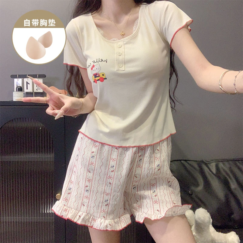 可爱KT凯蒂猫睡衣女款夏季自带胸垫莫代尔女士短袖爆款家居服套装