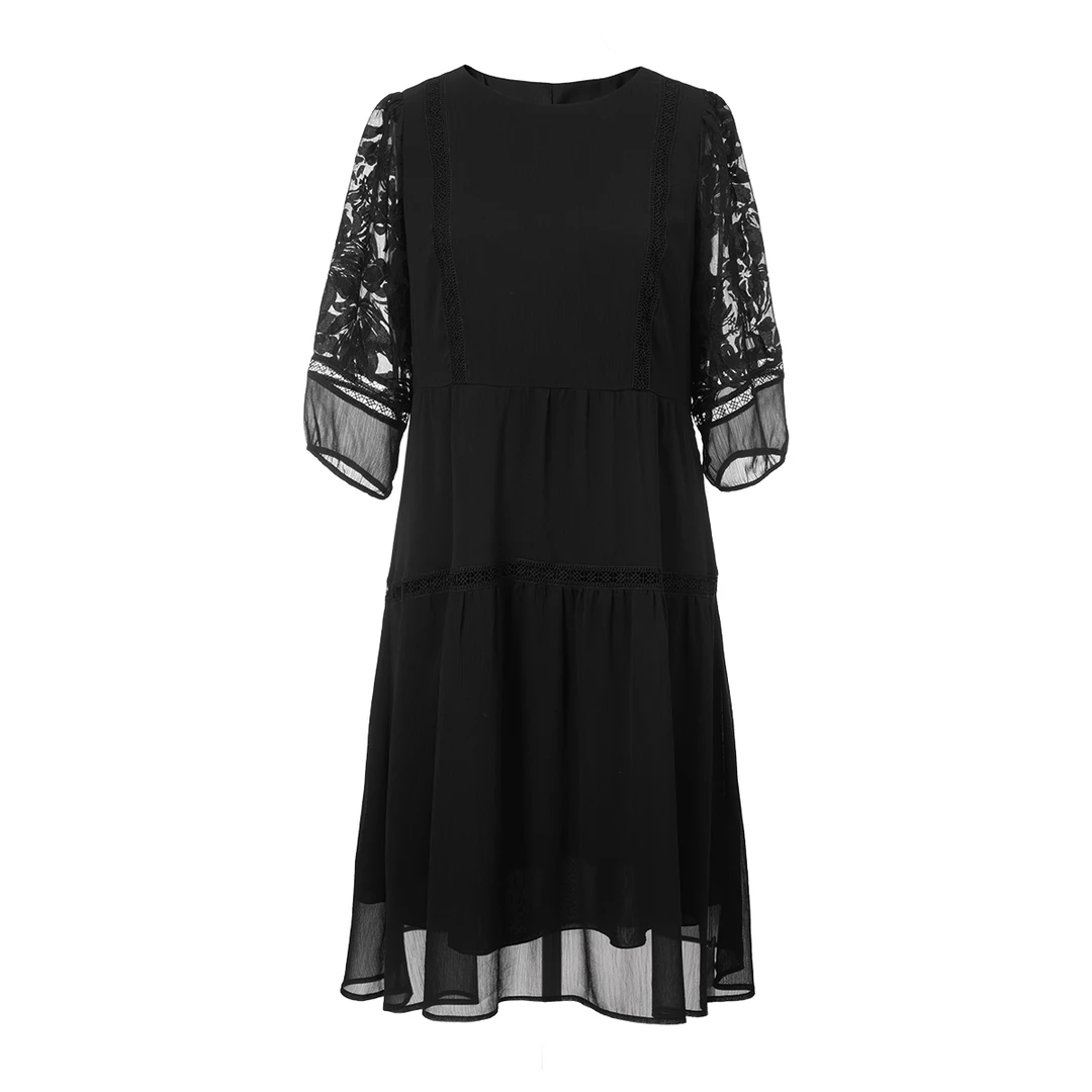 MsShe大码女装秋装优雅垂感雪纺拼接七分袖连衣裙J~B2507034