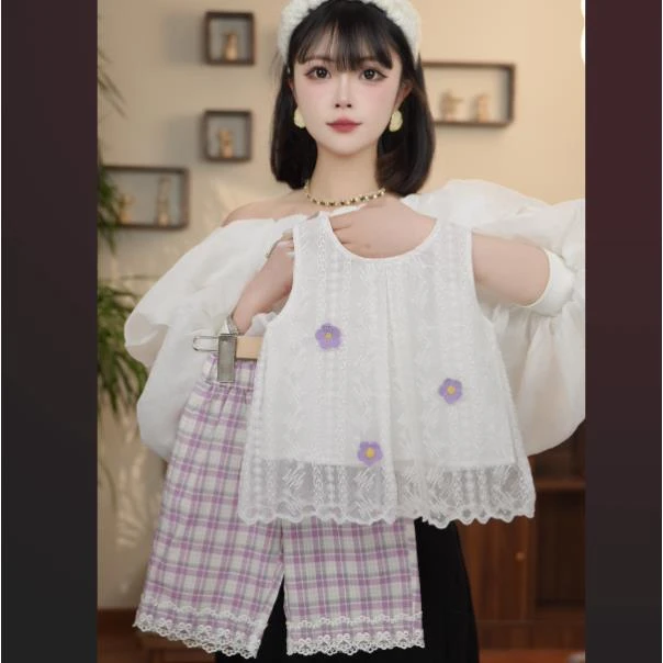 【YN童品】WS25082女童夏款甜美小清新风白色镂空两套小花蕾丝公主