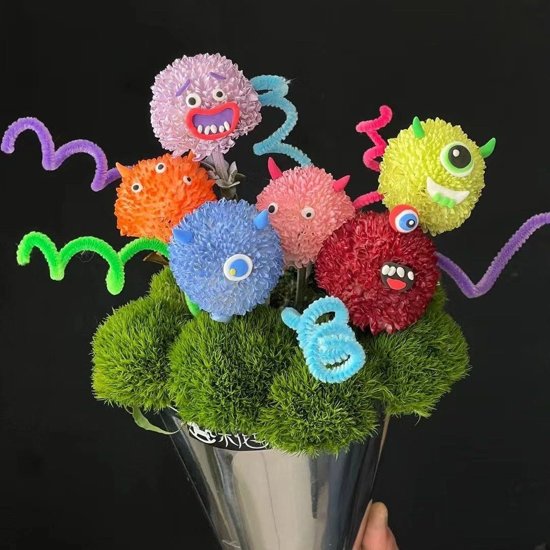 【六一儿童节】一點點小樂趣6朵乒乓菊7朵绿毛球手工黏土装饰花束