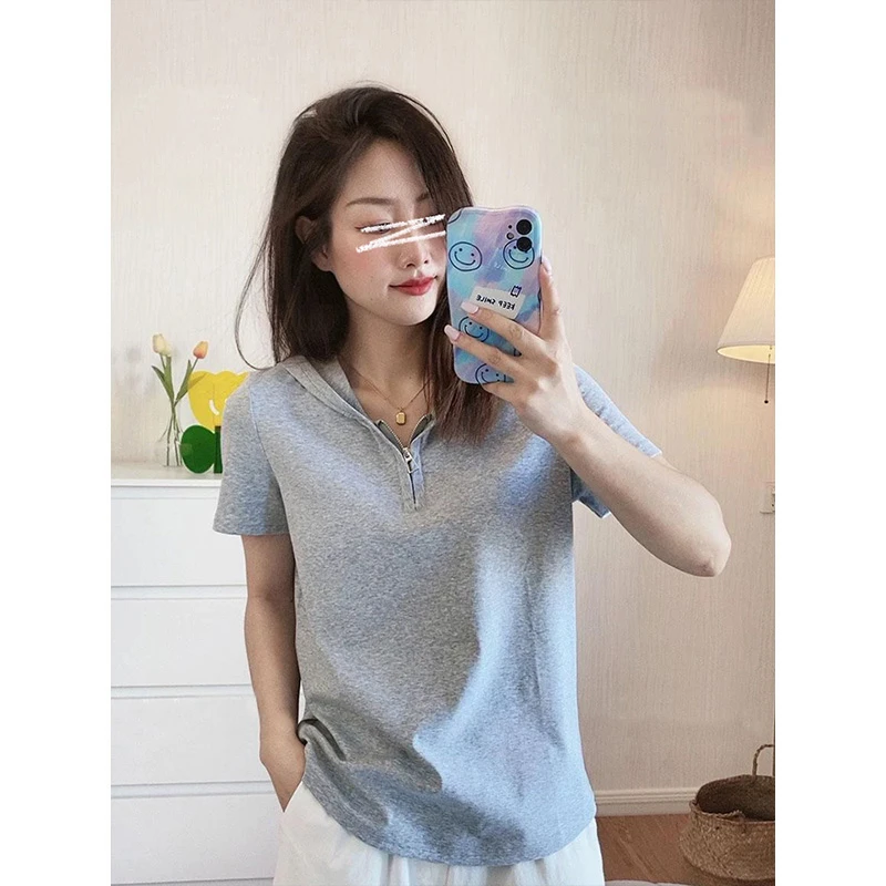 Moses Queen/魔西女王大码连帽正肩短袖T恤拉链宽松上衣百搭显瘦