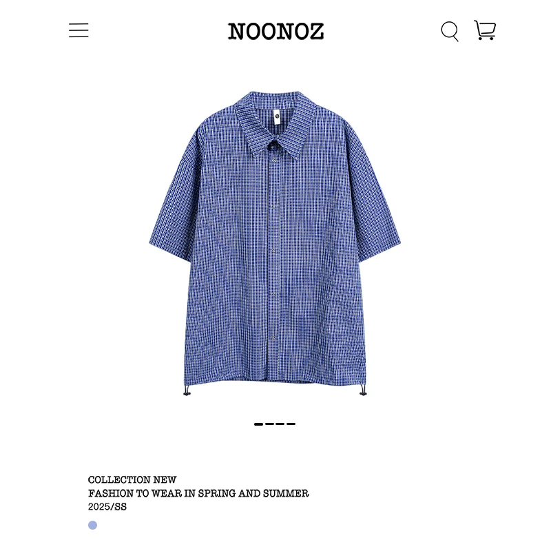 NOONOZ潮牌休闲风蓝色抽绳格纹短袖衬衫男夏季日系复古高级感衬衣