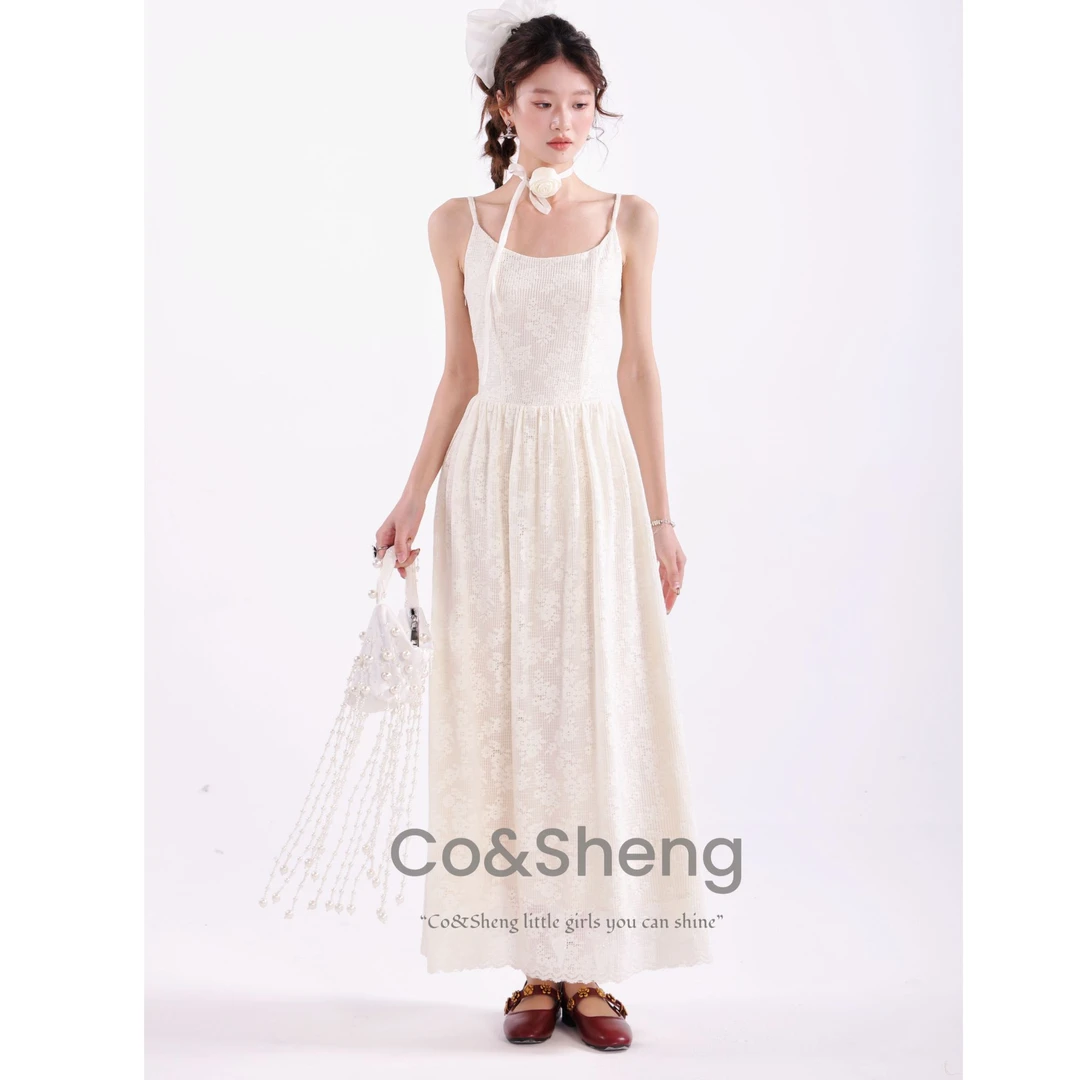 CO&SHENG小个子定制方块提花吊带连衣裙A字高腰修身显瘦春夏甜美