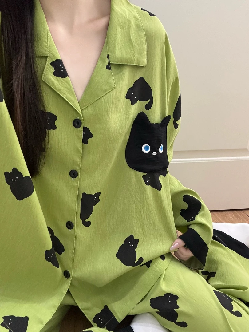 2025秋季新款睡衣韩系撞色猫咪长袖长裤春秋季可外穿亲肤家居服