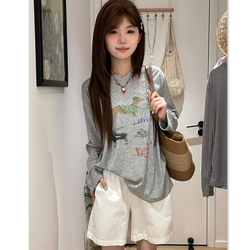 日系轻薄宽松减龄卡通印花长袖T恤女夏季慵懒风舒适休闲罩衫上衣
