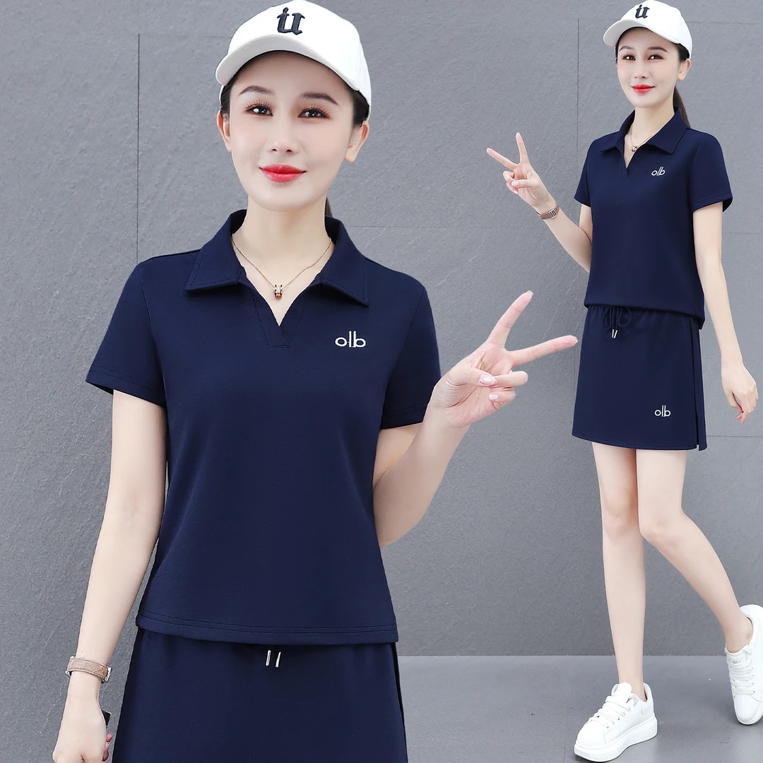 夏季时尚洋气短袖POLO衫T恤休闲运动服套装女短裤裤裙韩版两件套