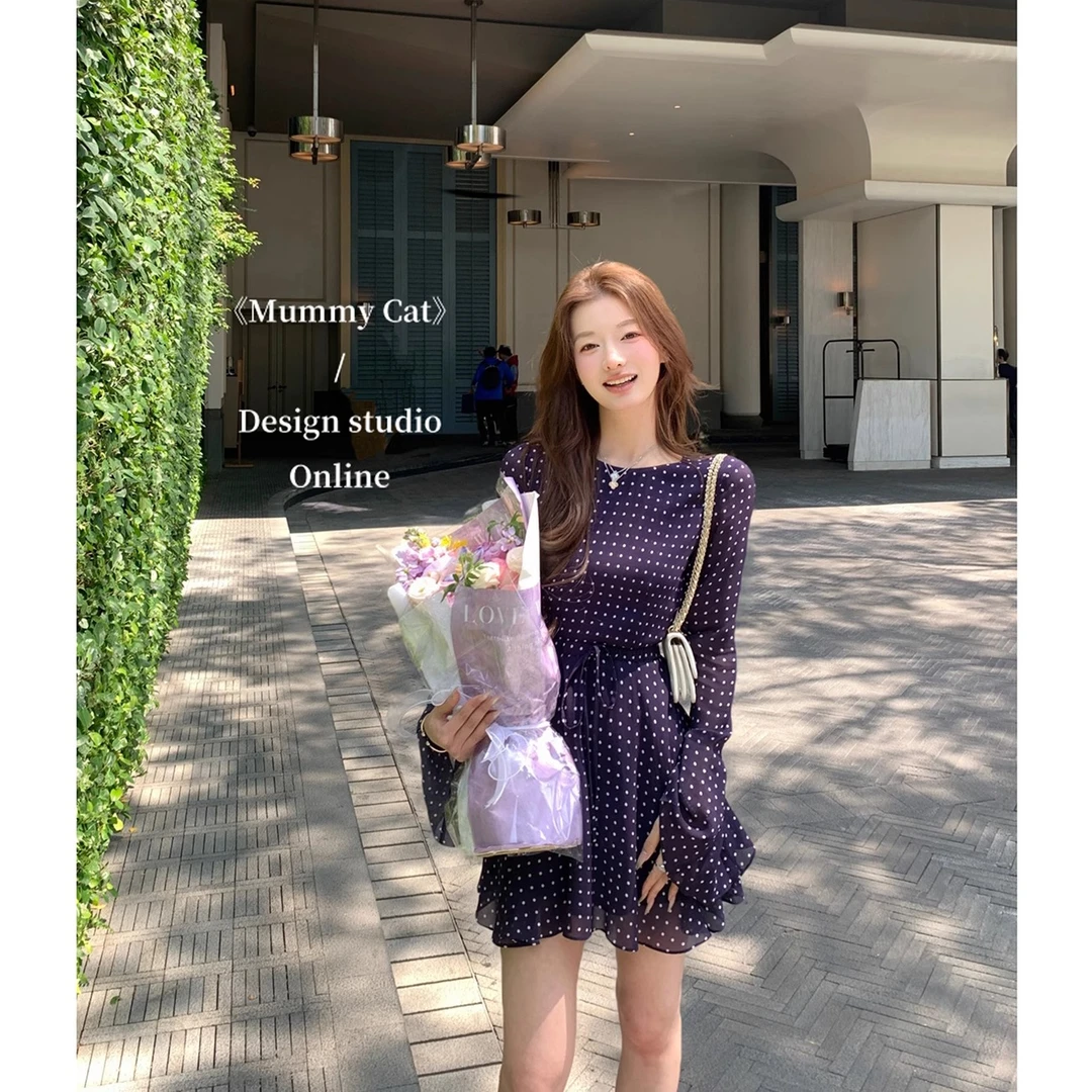 Mummy Cat 下蛋喵【美丽坏女人】人丝波点性感露背气质长袖连衣裙