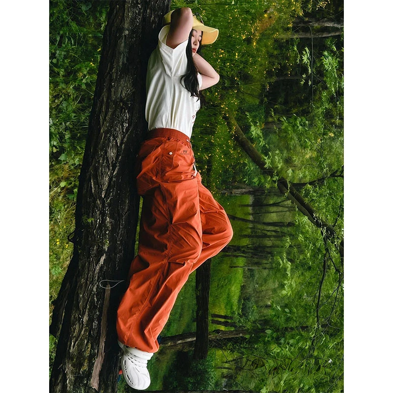卡盛橙色抽绳工装裤女2026夏季新款户外休闲宽松速干登山伞兵裤子