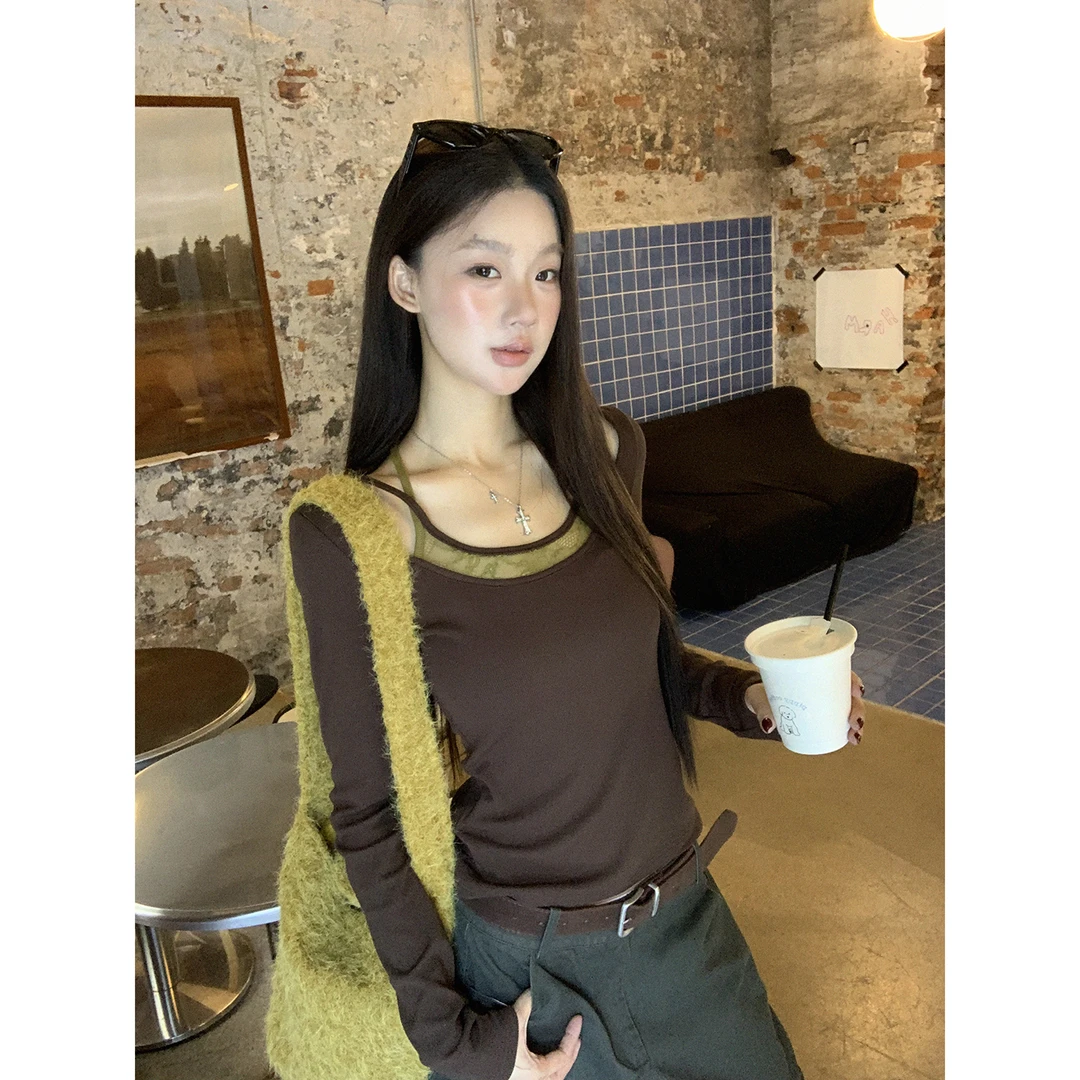 【秋冬配色】秋冬纯欲甜辣显瘦修身假两件撞色T恤253H4128#