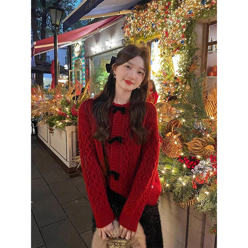 红色法式结软糯厚毛衣女秋冬复古麻花针织外套小香风甜美上衣