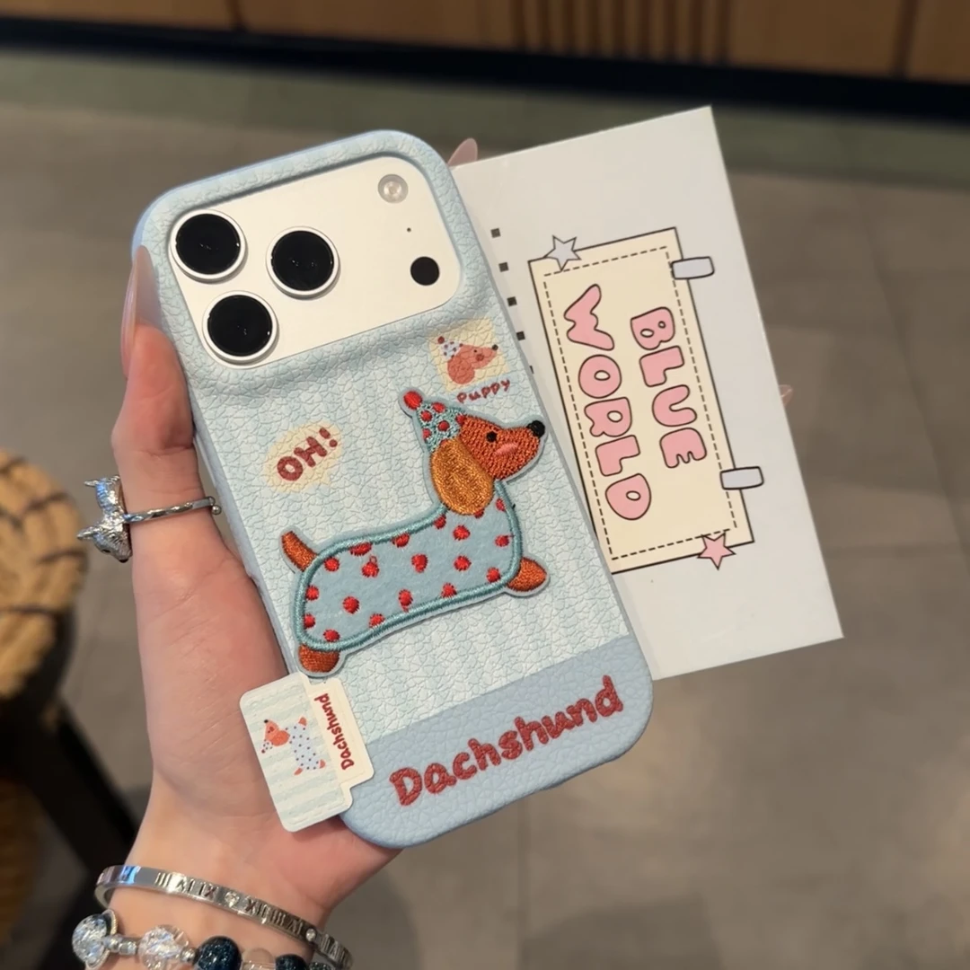 BANCA波点小狗刺绣标签适用苹果17皮纹手机壳16华为vivo小米oppo