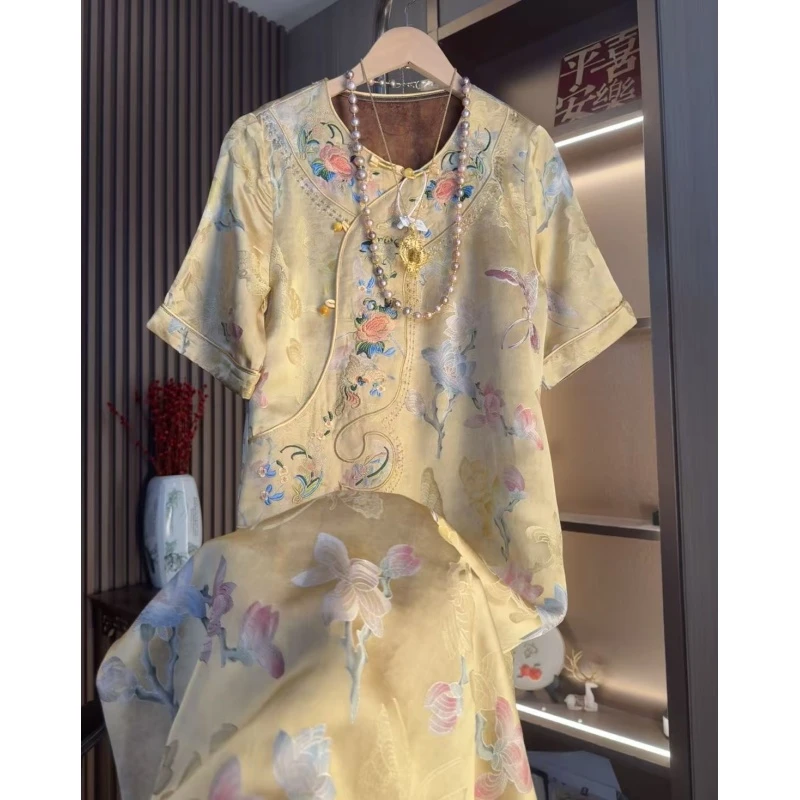 蝶语新中式复古提花斜襟盘扣连衣裙2025B0576-大米