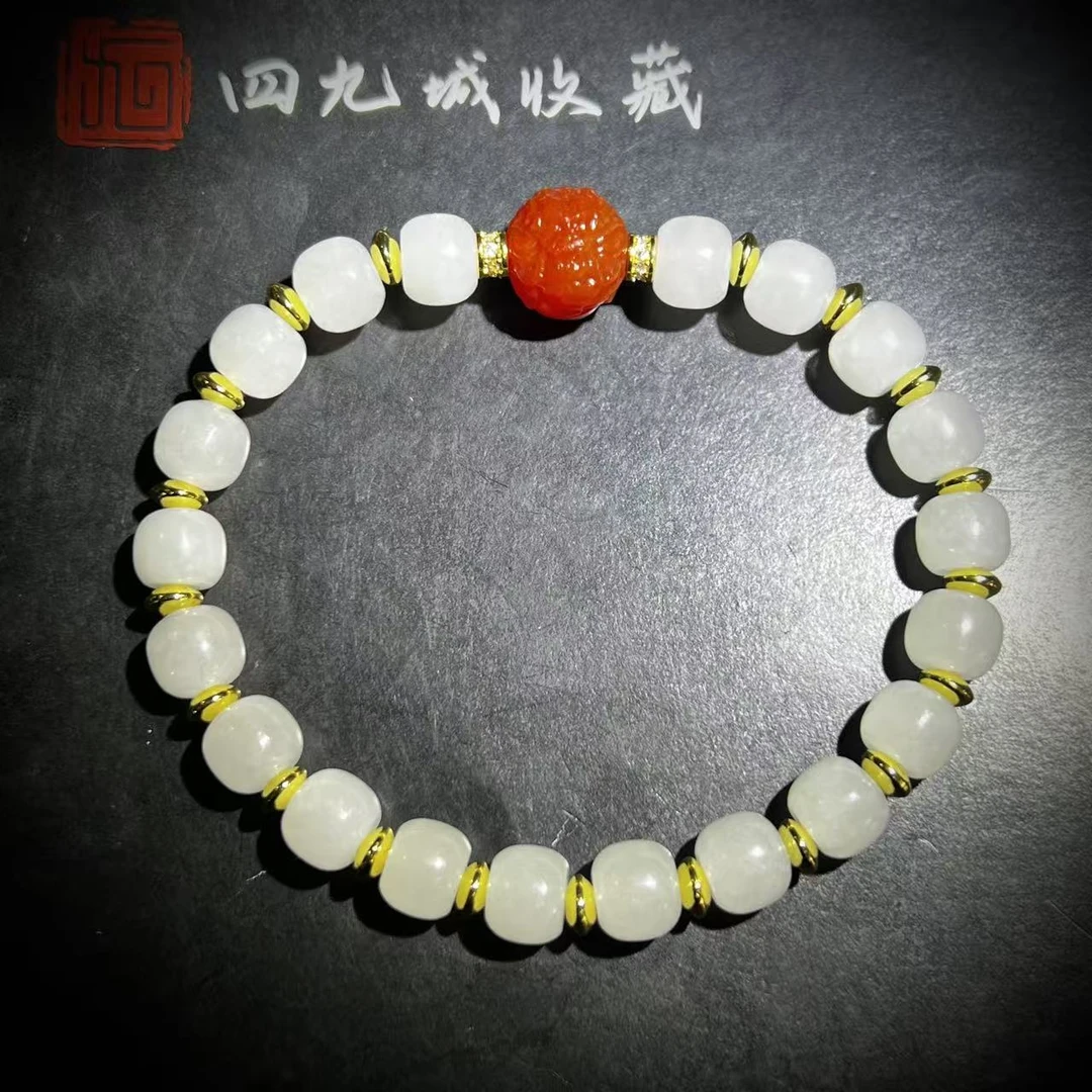 四九城收藏新疆和田玉8+手串搭配龙珠设计款男女同款-Ays0097