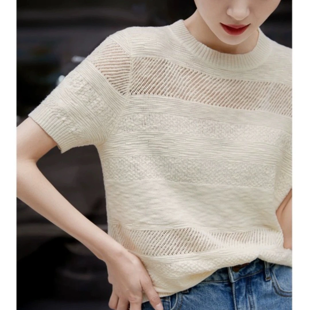 精纺羊毛圆领浮雕肌理针织短袖T恤女背心无袖纯色镂空无袖T恤