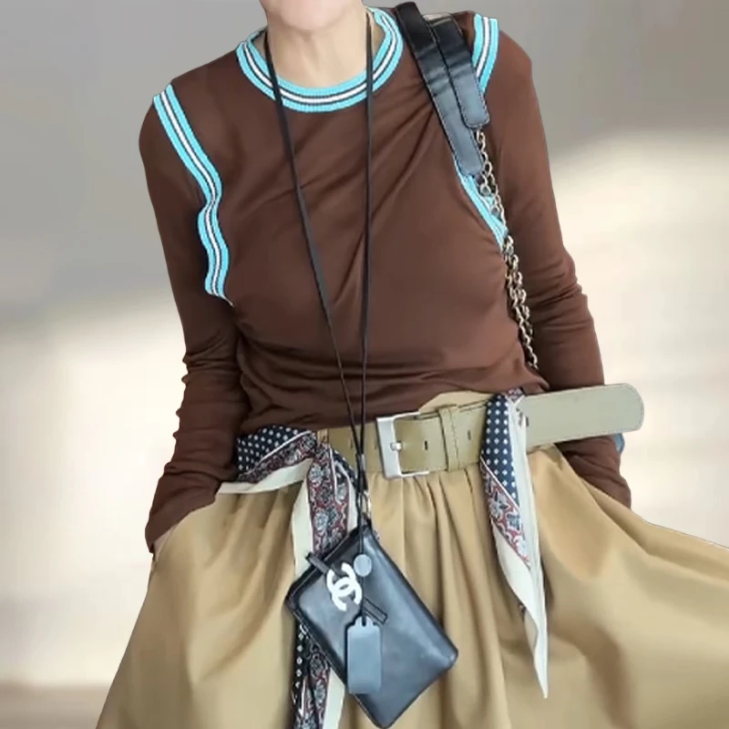 韩系设计感拼接假两件大码T恤女早秋轻薄凉感显瘦遮肉垫肩上衣潮