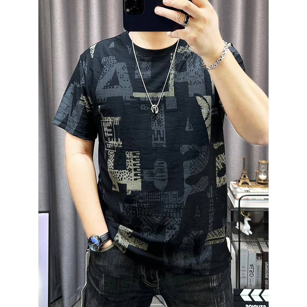 棉麻短袖t恤男2025夏季新款潮流印花上衣修身男装半袖透气体恤衫