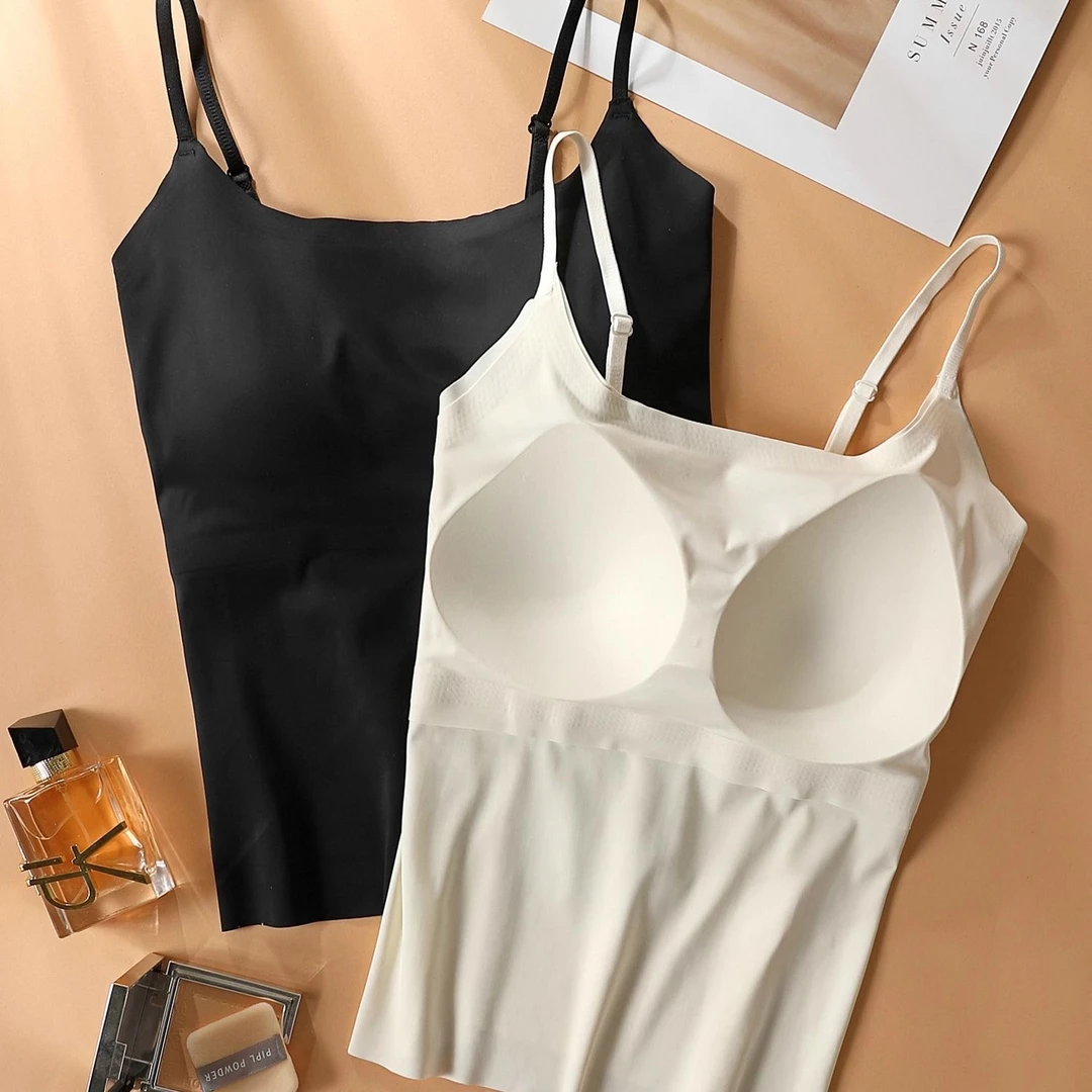 细带冰丝无痕吊带背心女带胸垫舒适亲肤内搭防走光胸垫可拆背心女