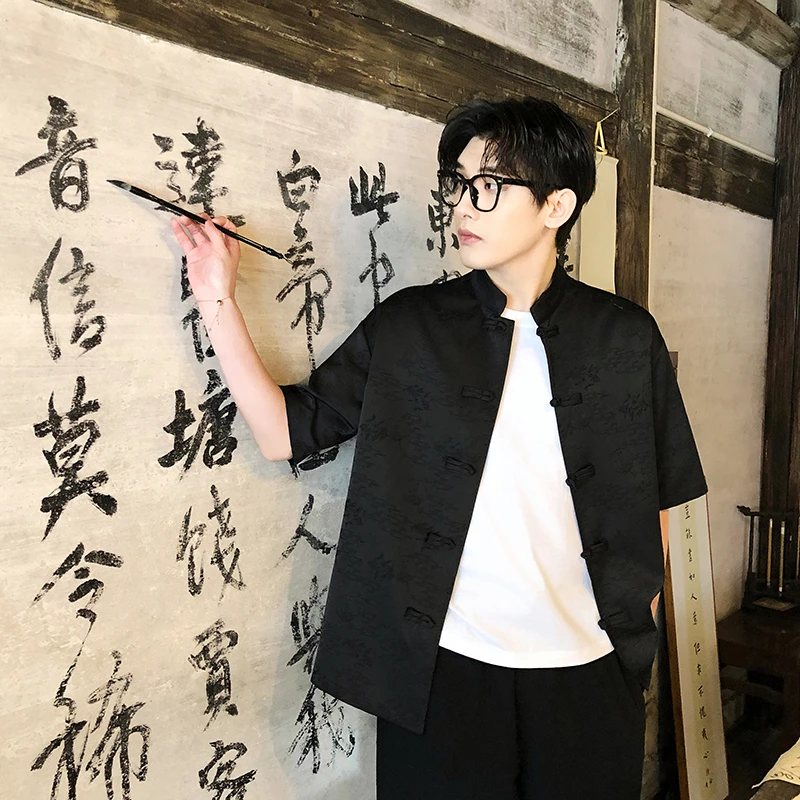 复古潮牌冰丝衬衫男短袖夏季薄款中国风锦缎提花高级垂感汉服衬衣