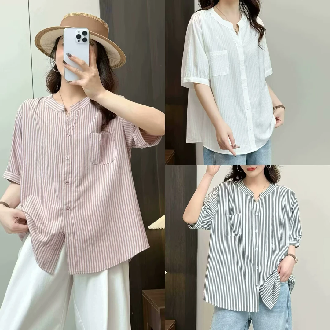 大码女装夏季新款短袖小V领衬衫竖条纹口袋显瘦衬衣胖mm半袖上衣
