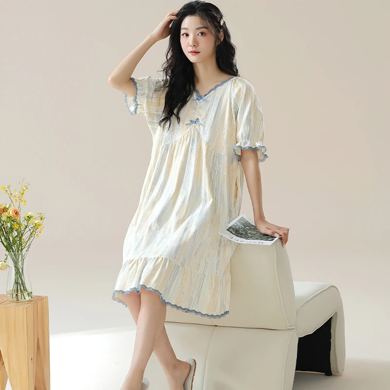 夏季纯棉短袖条纹睡裙女款2025年新款甜美蝴蝶结睡衣可外穿家居服