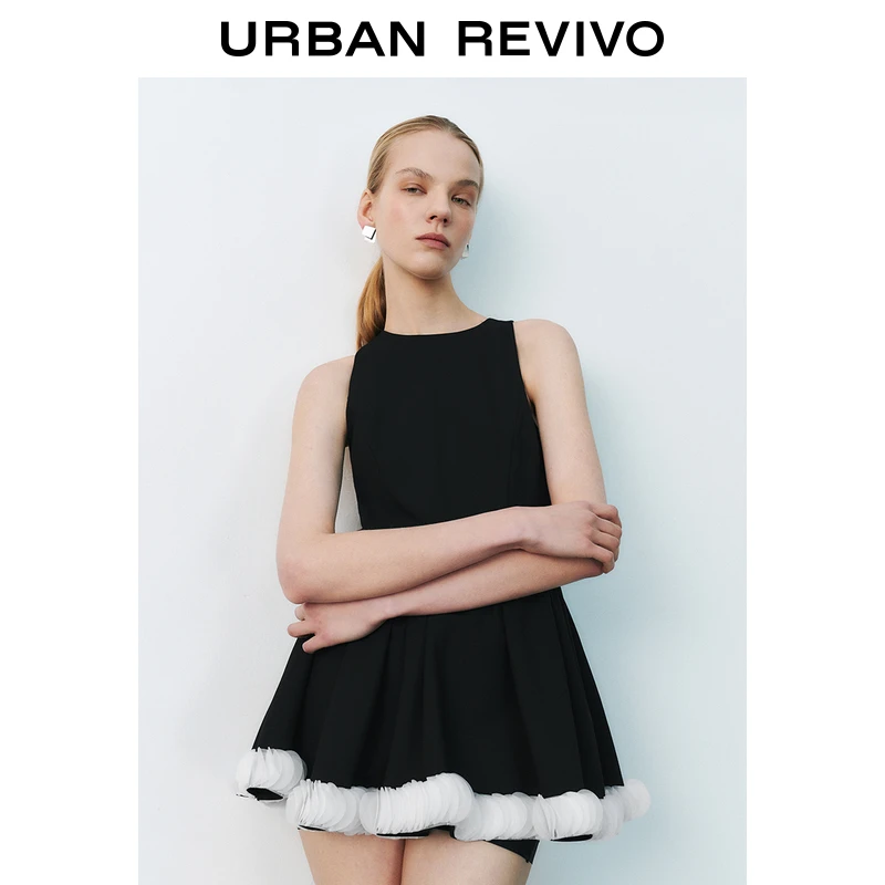 UR2025春季新品女欧若风法式撞色叠层网纱下摆连衣裙UYU750014