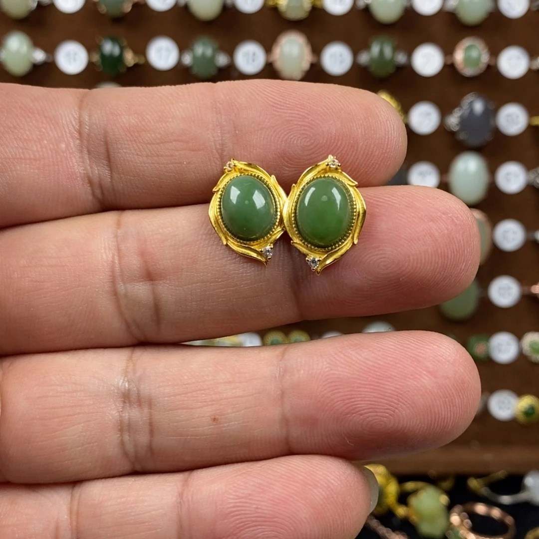 和田玉（碧玉）戒指银S925镀金镶嵌