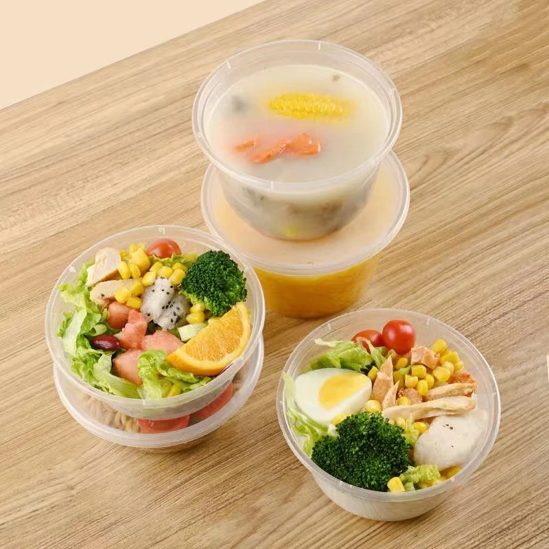 快餐盒打包盒塑料饭盒一次性透明外卖家用带盖圆碗商用