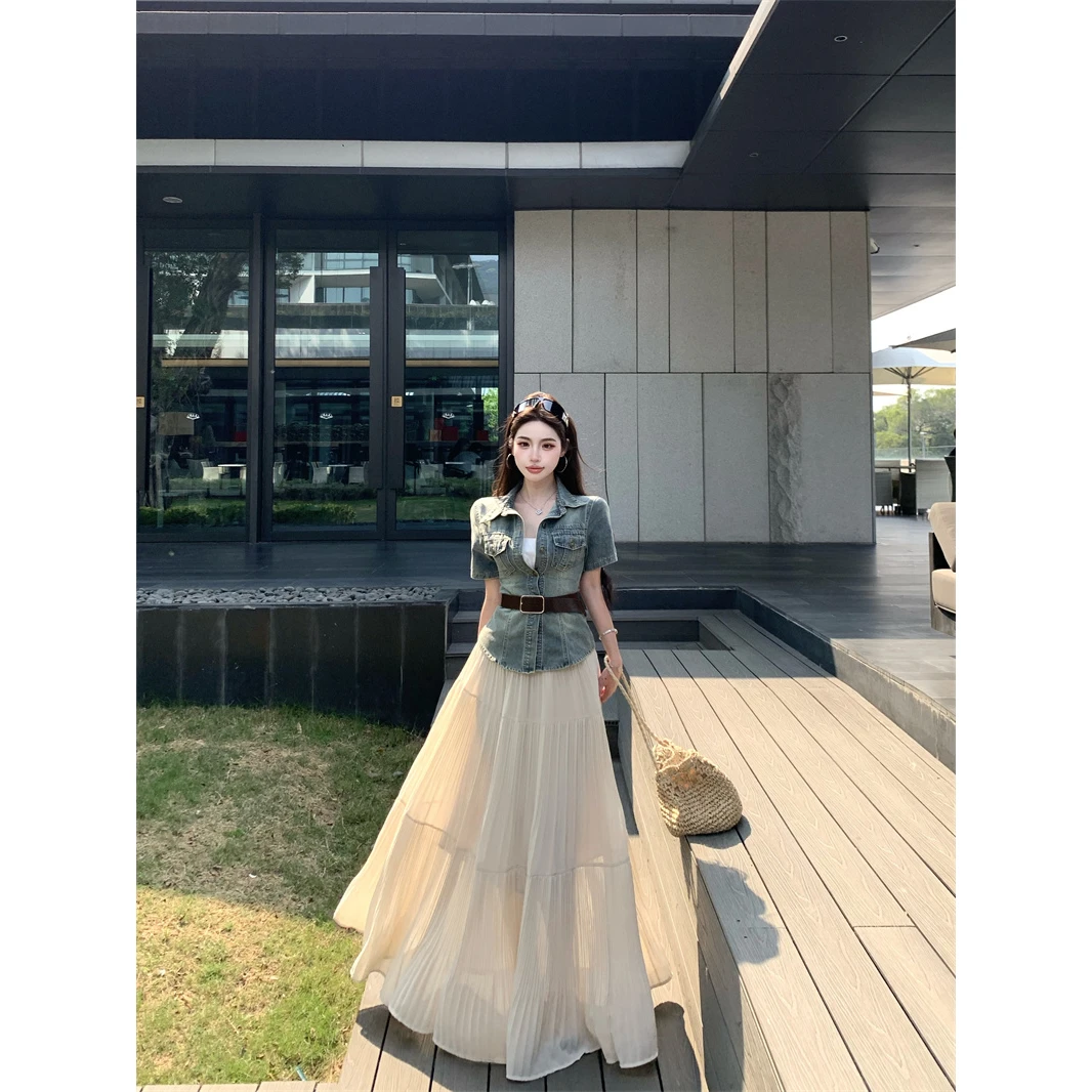 悉尼海岸/港风复古套装女做旧收腰牛仔外套春季百褶半身裙两件套