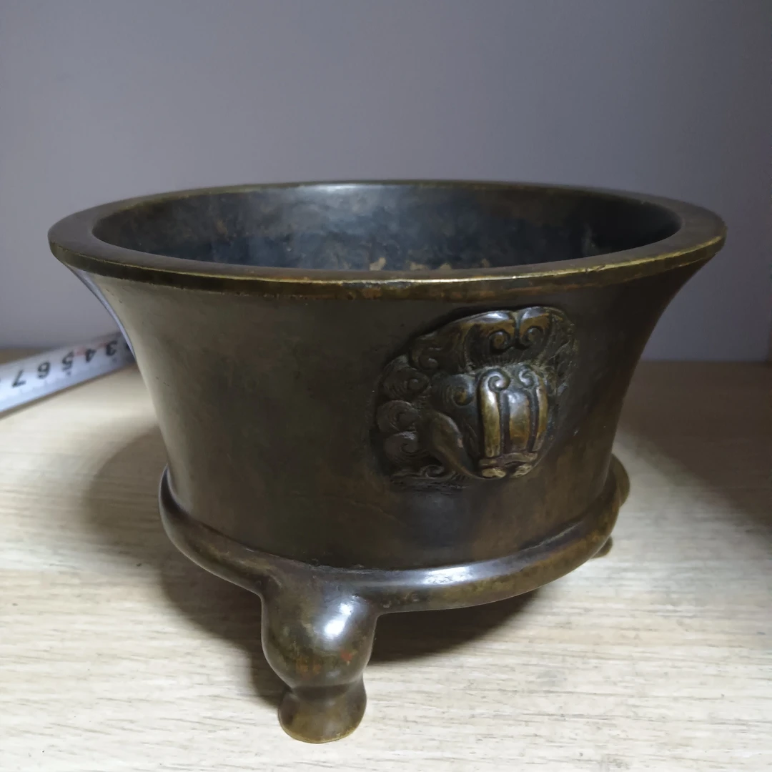 仿古做旧古玩三足鼎双狮香炉老铜器旧货陈巧生香炉