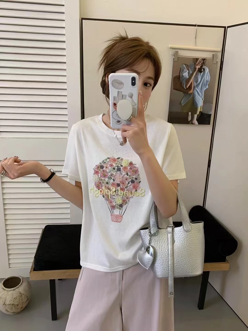 Pada.嘻&PFNL【花朵热气球】韩系甜美花朵刺绣T恤 57170 Hi Fortune